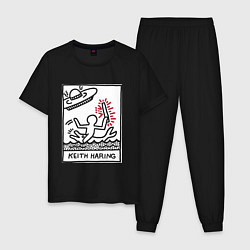 Пижама хлопковая мужская Кит Харинг НЛО - картина поп арт, цвет: черный