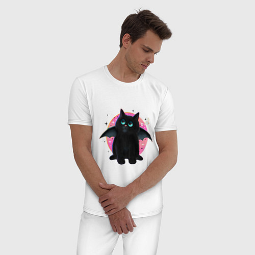 Мужская пижама Черный котенок летучая мышь хэллоуин / Белый – фото 3