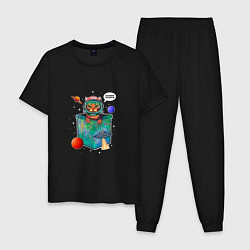 Пижама хлопковая мужская Кот космонавт в кармане, цвет: черный