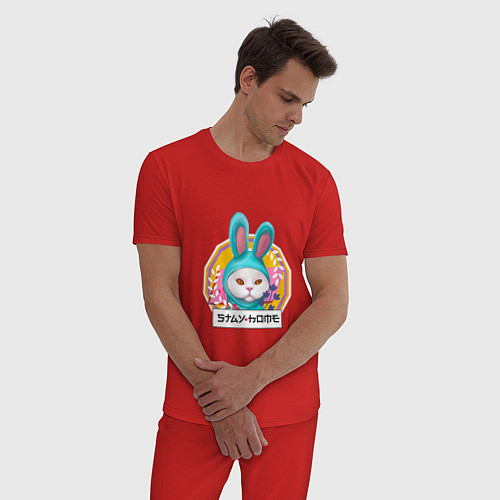 Мужская пижама Кот в костюме кролика оставайся дома / Красный – фото 3