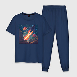 Пижама хлопковая мужская Ракета летит по звездному небу, цвет: тёмно-синий