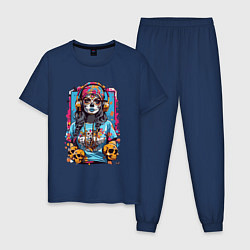 Пижама хлопковая мужская Девушка с черепами в стиле Калавера, цвет: тёмно-синий