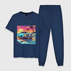 Пижама хлопковая мужская Автомобиль Dodge в стиле retrowave, цвет: тёмно-синий