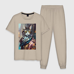 Пижама хлопковая мужская Городской котяра - модник, цвет: миндальный