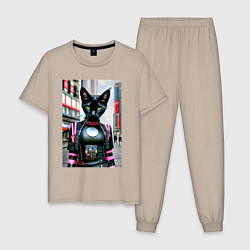 Пижама хлопковая мужская Крутая кисуля в мегаполисе - киберпанк - нейросеть, цвет: миндальный