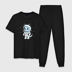 Пижама хлопковая мужская Котик в космосе, цвет: черный