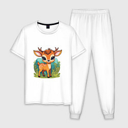 Пижама хлопковая мужская Олененок Бэмби на лужайке, цвет: белый