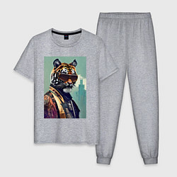 Пижама хлопковая мужская Чувак-тигр в тёмных очках - босс - нейросеть, цвет: меланж