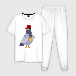 Пижама хлопковая мужская Крутой голубь в кепке показывает f**k, цвет: белый