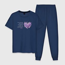 Пижама хлопковая мужская Цветы и сердце с надписью, цвет: тёмно-синий