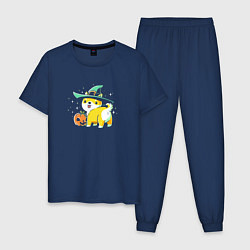 Пижама хлопковая мужская Корги и тыква, цвет: тёмно-синий