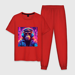 Пижама хлопковая мужская Антропоморфная обезьяна в свете неонового города, цвет: красный