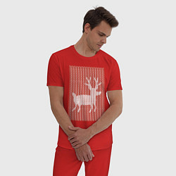 Пижама хлопковая мужская Новогодний олень орнамент вязанный свитер, цвет: красный — фото 2