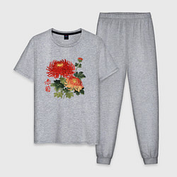 Пижама хлопковая мужская Красные хризантемы, цвет: меланж