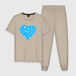 Пижама хлопковая мужская Голубое сердце снежинки, цвет: миндальный