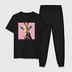 Пижама хлопковая мужская Милый жирафик, цвет: черный