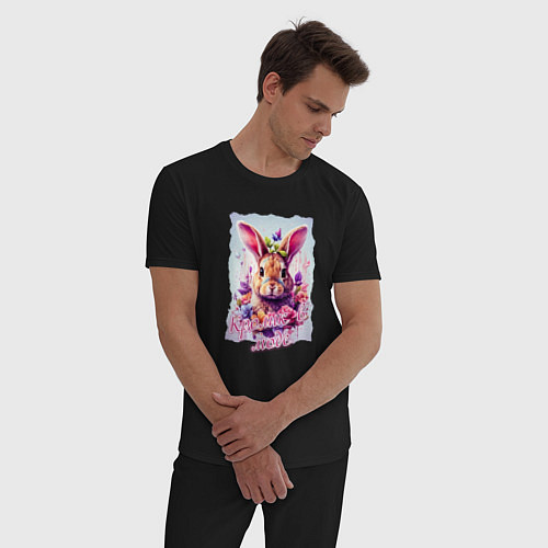 Мужская пижама Кролик в цветах надпись / Черный – фото 3