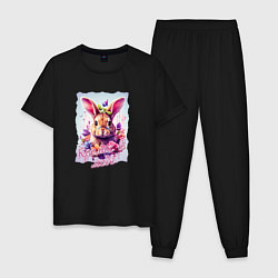 Пижама хлопковая мужская Кролик в цветах надпись, цвет: черный