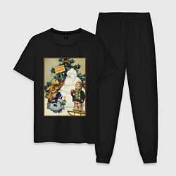 Пижама хлопковая мужская Ретро открытка с новым годом, цвет: черный