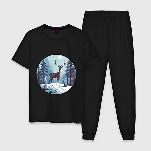 Мужская пижама Зимняя сказка олень в лесу / Черный – фото 1