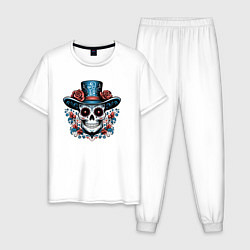 Пижама хлопковая мужская Череп в шляпе в стиле мексиканского дня мертвых, цвет: белый