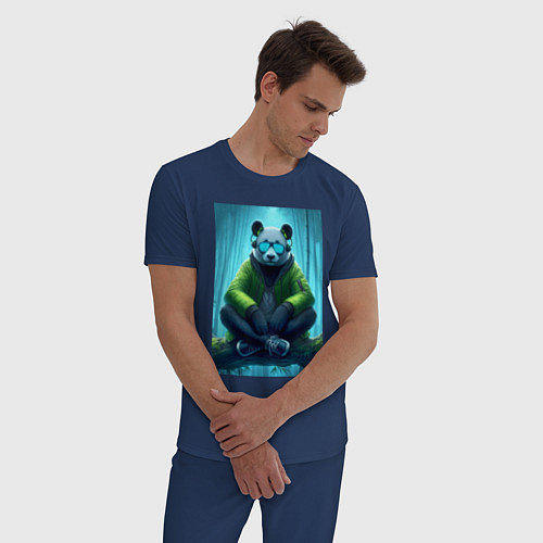 Мужская пижама Панда слушает музон в лесу - нейросеть / Тёмно-синий – фото 3