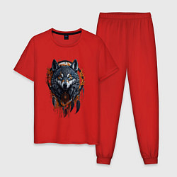 Пижама хлопковая мужская Волк и ловец снов, цвет: красный