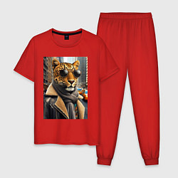 Пижама хлопковая мужская Леопард модник - Нью-Йорк - нейросеть, цвет: красный