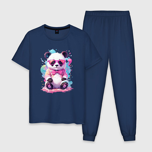 Мужская пижама Милая панда в розовых очках и бантике / Тёмно-синий – фото 1
