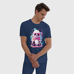 Пижама хлопковая мужская Милая панда в розовых очках и бантике, цвет: тёмно-синий — фото 2