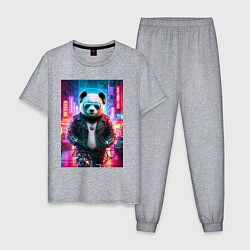 Пижама хлопковая мужская Панда в ночном Пекине - киберпанк - нейросеть, цвет: меланж