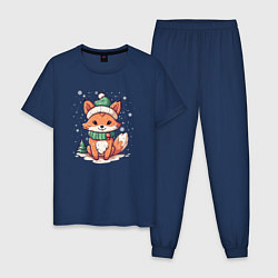 Пижама хлопковая мужская Милая новогодняя лисичка, цвет: тёмно-синий