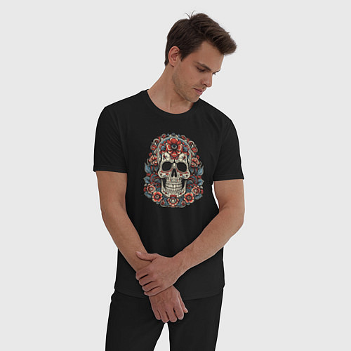 Мужская пижама Череп с цветами в стиле мексиканского дня мертвых / Черный – фото 3
