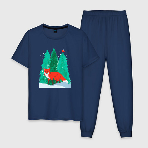 Мужская пижама Лиса в лесу и птичка / Тёмно-синий – фото 1