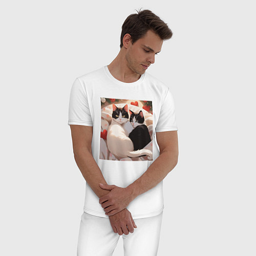 Мужская пижама Милые кошки с сердеком / Белый – фото 3