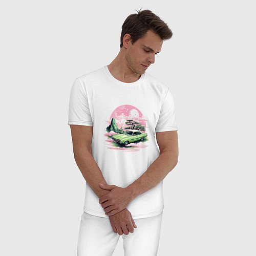 Мужская пижама Ретро автомобиль на розовом закате / Белый – фото 3