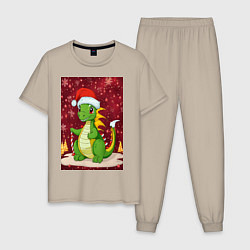 Пижама хлопковая мужская Рождественский дракон, цвет: миндальный