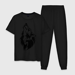 Пижама хлопковая мужская Воющий волк, цвет: черный