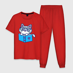 Пижама хлопковая мужская Читающий котёнок, цвет: красный