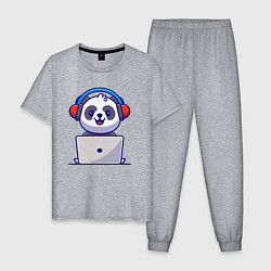 Пижама хлопковая мужская Панда за ноутбуком, цвет: меланж