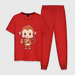 Пижама хлопковая мужская Обезьянка с подарком, цвет: красный