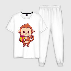 Пижама хлопковая мужская Обезьянка с подарком, цвет: белый
