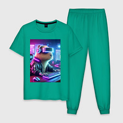 Пижама хлопковая мужская Капибара игроман - неоновое свечение, цвет: зеленый