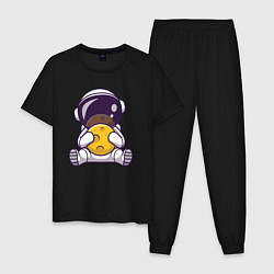 Пижама хлопковая мужская Космонавт и луна, цвет: черный