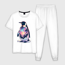 Пижама хлопковая мужская Пингвин с космосом, цвет: белый