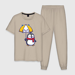 Пижама хлопковая мужская Пингвинчик под зонтом, цвет: миндальный