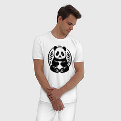 Пижама хлопковая мужская Сидящая чёрная панда в позе лотоса, цвет: белый — фото 2