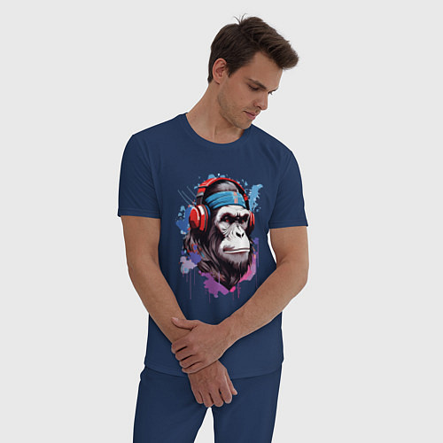 Мужская пижама Шимпанзе в наушниках / Тёмно-синий – фото 3