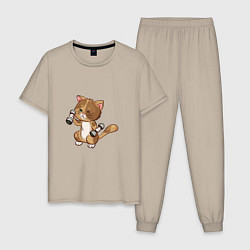 Пижама хлопковая мужская Кот с гантельками, цвет: миндальный