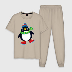 Пижама хлопковая мужская Пингвин на коньках, цвет: миндальный